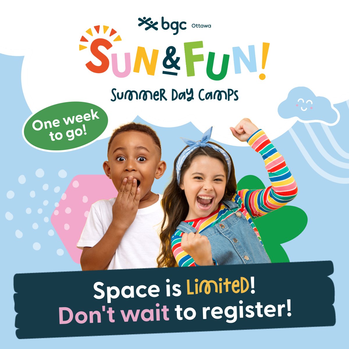 🌞 1️⃣ WEEK to go!

BGC Ottawa’s Sun &amp; Fun Summer Day Camps start soon – and spots are almost gone! 🎨😎

With games, crafts, splash days, field trips and new friends – this is THE summer adventure!

🎒 Register now 👉 ow.ly/R0bb50Wimwz

#BGCOttawa #SummerCamp #DayCamp
