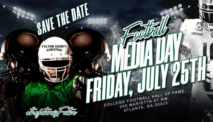 📣 Save the Date!!!
🏈 Fulton County Schools Annual Football Media Day
📍 College Football Hall of Fame, Atlanta, Georgia 
🗓️ Friday, July 25th 
🕙 10 AM

Join us as we spotlight our teams and celebrate FCS football in an iconic venue!

#FCSAthletics #MediaDay2025