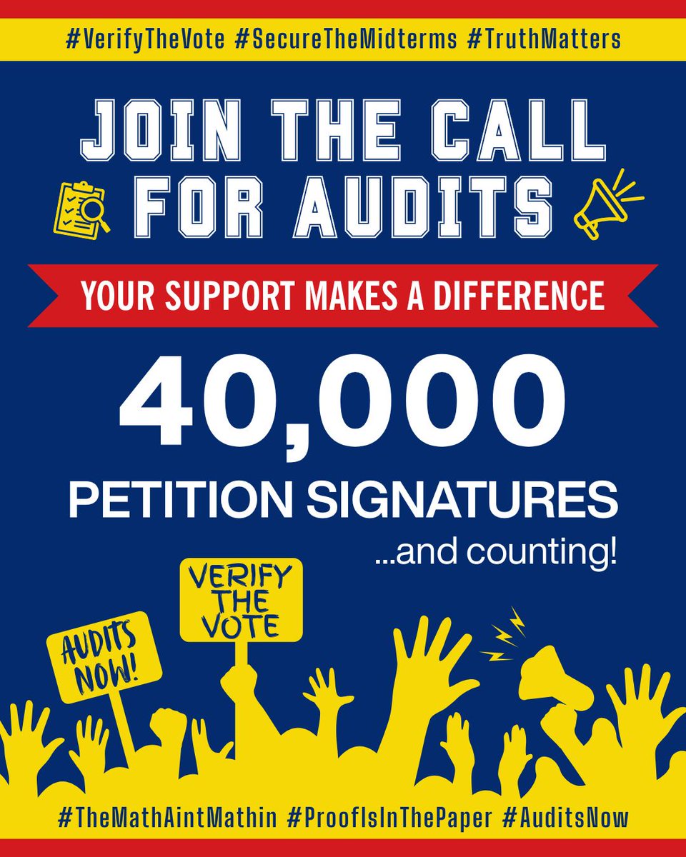 The petition for hand-count audits in Pennsylvania has surpassed 40K signatures! 👏 

Thank you for your support signing, sharing, and contacting your local elections and state officials!

#VerifyTheVote #SecureTheMidterms #TruthMatters #TheMathAintMathin #ProofisinthePaper