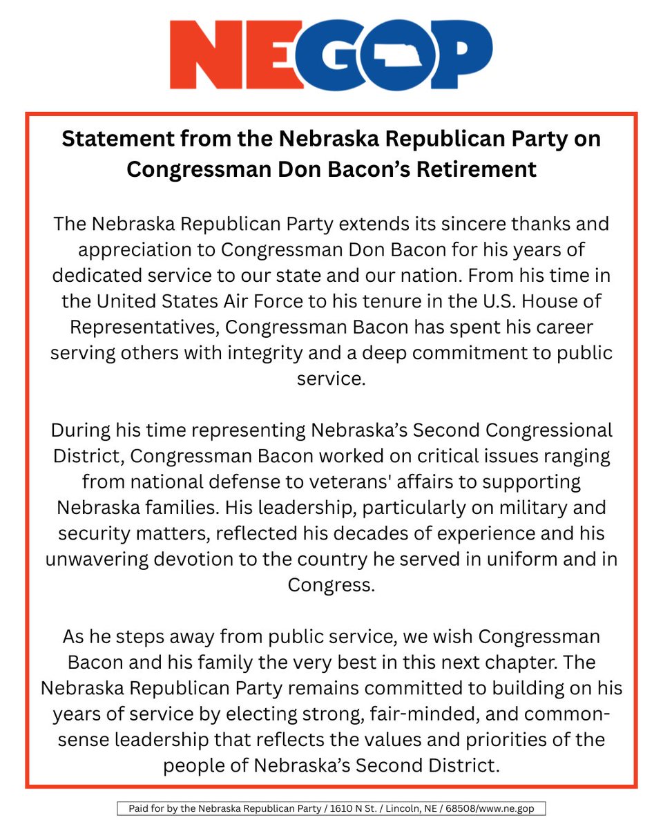 NEGOP's tweet image. Please see the following statement from the Nebraska Republican Party regarding @RepDonBacon retirement.