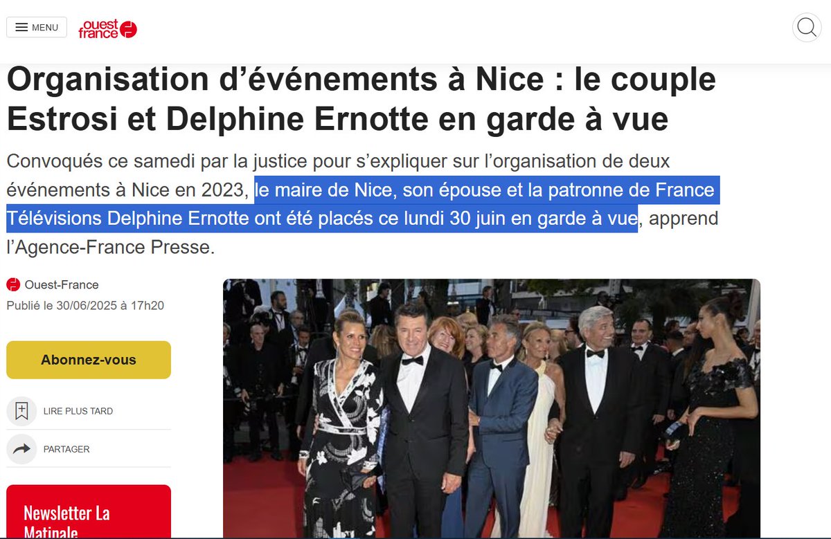 NewsTrustMedia's tweet image. Delphine Ernotte la présidente de France Télévisions a également été placée en garde à vue avec le couple Estrosi/Tenoudji.
#Escrosi
