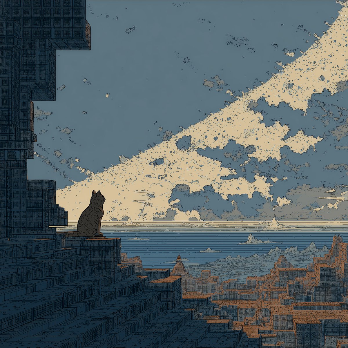 Today's cats were created using cellular automata from New Kind of Science. I particularly like the Hokusai wave like effect, created in the background of this scene, by a triangular cellular automata.