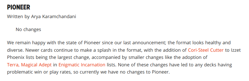 HouseOfManaMTG's tweet photo. I haven't played much pioneer lately, but have been watching friends play it in challenges, but to say the format looks incredibly healthy and diverse when the format has been virtually 2-3 decks for the last 3-4 months insane, not to mention the "adoption" of some card isn't even in a deck that is seeing any reasonable representation in the metagame because it can't beat mono-red or phoenix, this just seems incredibly tone deaf