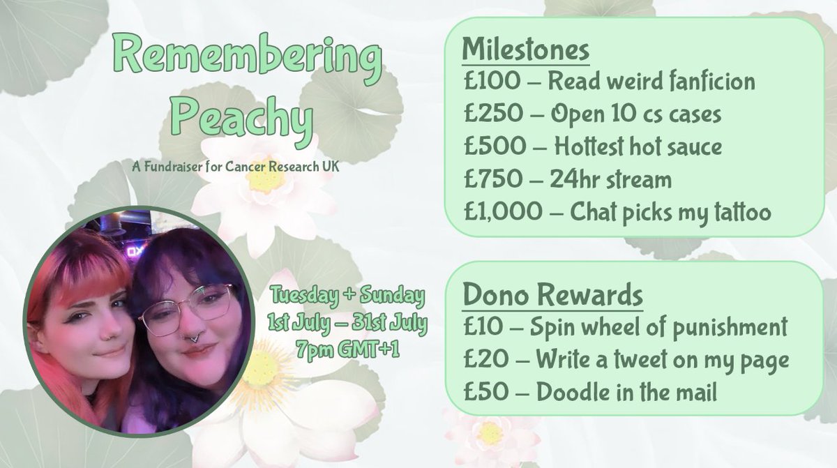 Starting tomorrow I will be fundraising for <a href="/CR_UK/">Cancer Research UK</a> in remembrance of Peachy ❤️

This fundraiser will start on the 1st of July and will end on the 31st. Streaming every Tuesday and Sunday. Below are the milestones and rewards for donations. 

Any donations, love and lurks will be