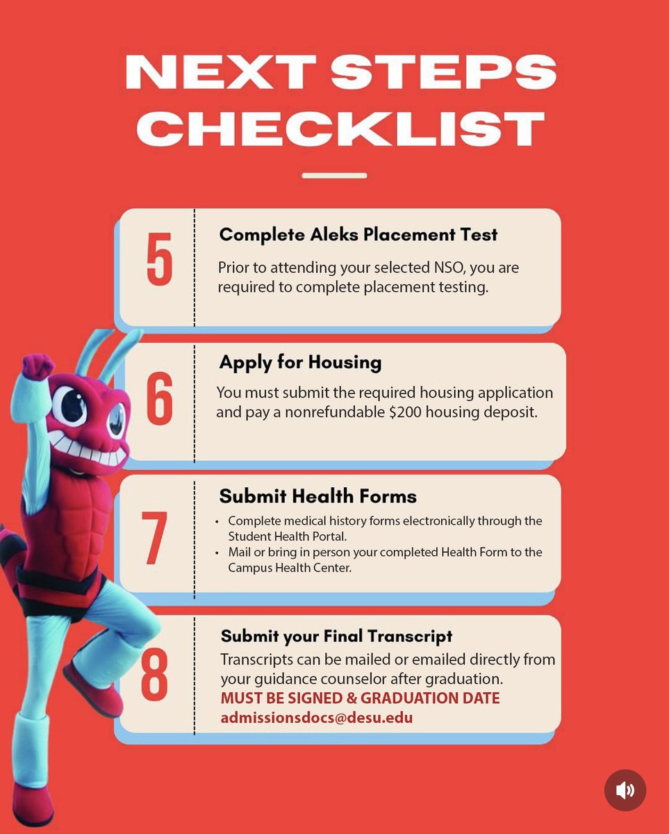 New Hornets, we look forward to having the Class of 2029 join DSU this fall! Don’t forget you must complete your enrollment steps to successfully prepare for your transition to Hornet Nation. Swipe to view the steps or visit desu.edu/undergraduate-…! #DSU29 #DSU2029 🔴🔵