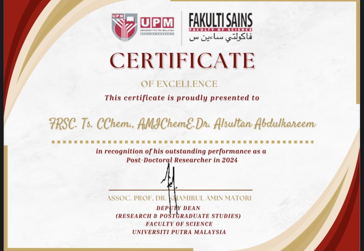 kreemalsultan's tweet photo. Honoured to receive a Certificate of Excellence from @UPM_Malaysia for my postdoc research in 2024 🌟.
Grateful for the support of my mentors and colleagues. Onward to more impactful research! 🚀
#Postdoc #Research #UPM #Gratitude https://t.co/cH01K9UrFf