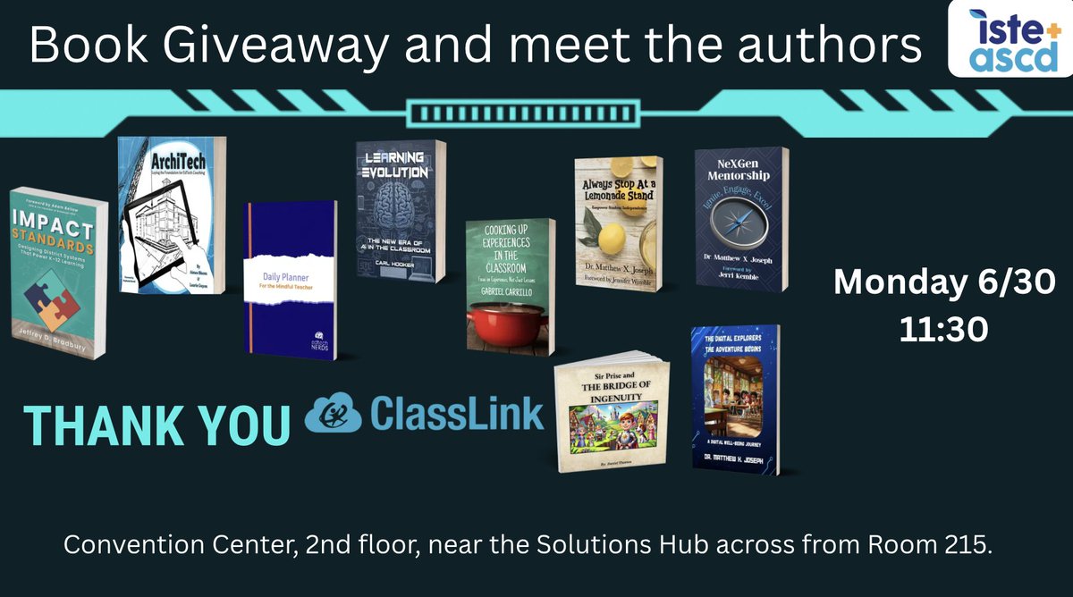 Dr. Matthew X. Joseph (@matthewxjoseph) on Twitter photo #ISTE book give away Mon 6/30 11:30 Convention Center, 2nd floor, near Solutions Hub across from Room 215.
Thank you <a href="/ClassLink/">ClassLink</a> for your partnership
<a href="/TeacherCast/">Jeffrey Bradbury</a> <a href="/AJBloom2pnt0/">Aimee Bloom ๐โโ๏ธ๐ดโโ๏ธ๐โโ๏ธ</a> <a href="/SMILELearning/">Laurie Guyon ๐</a>
<a href="/EdTechBites/">Gabriel Carrillo</a> <a href="/mrhooker/">Carl Hooker</a> <a href="/coachthomastech/">Dan Thomas - Hands-On Fun w/ STEM & PBL & LEGO๐ง๐</a>
<a href="/techsavvysupt/">Jerri Kemble</a> #ISTE book give away Mon 6/30 11:30 Convention Center, 2nd floor, near Solutions Hub across from Room 215.
Thank you <a href="/ClassLink/">ClassLink</a> for your partnership
<a href="/TeacherCast/">Jeffrey Bradbury</a> <a href="/AJBloom2pnt0/">Aimee Bloom ๐โโ๏ธ๐ดโโ๏ธ๐โโ๏ธ</a> <a href="/SMILELearning/">Laurie Guyon ๐</a>
<a href="/EdTechBites/">Gabriel Carrillo</a> <a href="/mrhooker/">Carl Hooker</a> <a href="/coachthomastech/">Dan Thomas - Hands-On Fun w/ STEM & PBL & LEGO๐ง๐</a>
<a href="/techsavvysupt/">Jerri Kemble</a>