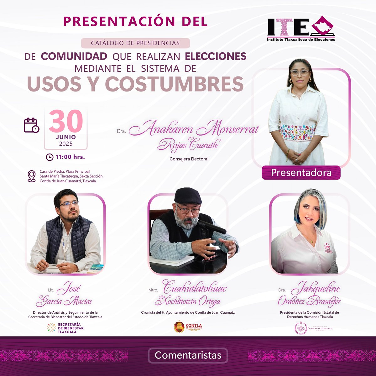 📣 ¡Recuerda, hoy es la Presentación de! Catálogo de Presidencias de Comunidad que realizan elecciones mediante el sistema de Usos y Costumbres. 🗳️
#UsosYCostumbres #ITE #Tlaxcala #Catalogo