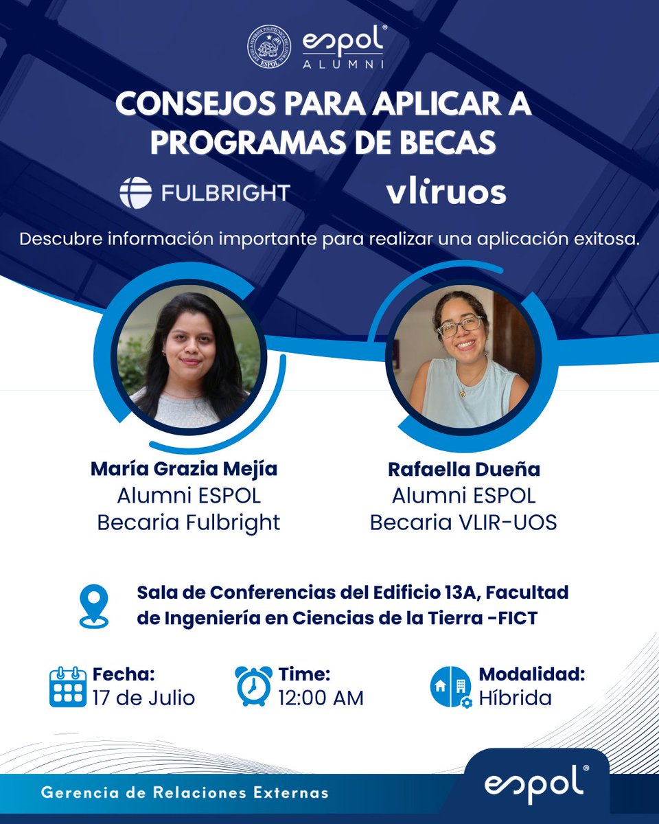 Las becas transforman vidas.

Y tú puedes ser el próximo en lograrlo.

🎓 Graduadas ESPOL que accedieron a becas Fulbright y VLIR-UOS compartirán su experiencia, sus aprendizajes y consejos prácticos para ayudarte a construir tu camino.

🔗 bit.ly/4l7cS4T