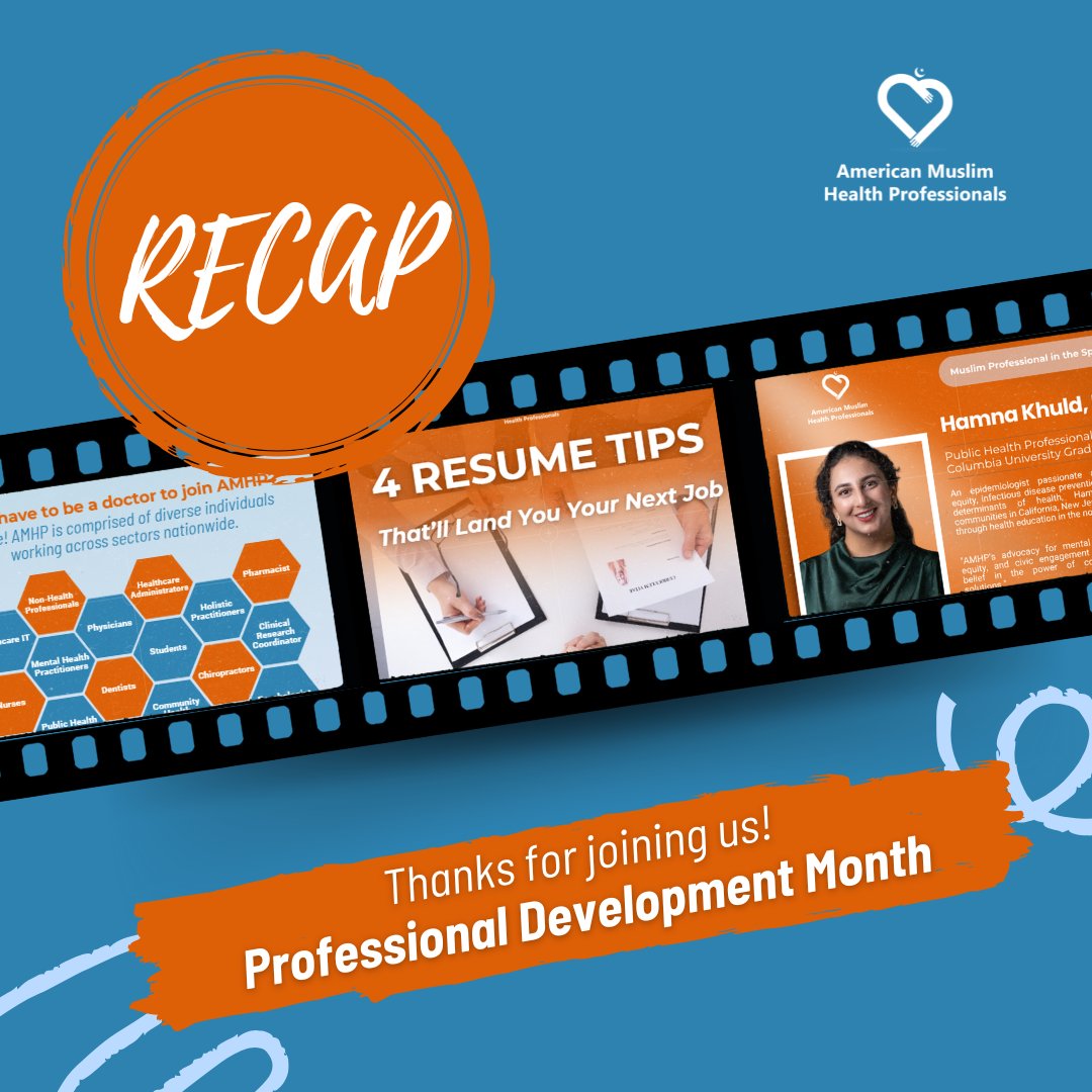 That’s a wrap on Professional Development Month! 🎉

We shared:
💼 Tips for Muslim health pros
🔍Day in the life of AMHP members
🤝 How to get involved

Whether you're just starting your career or looking for the next step, we're here to support you.

📢  amhp.us/join