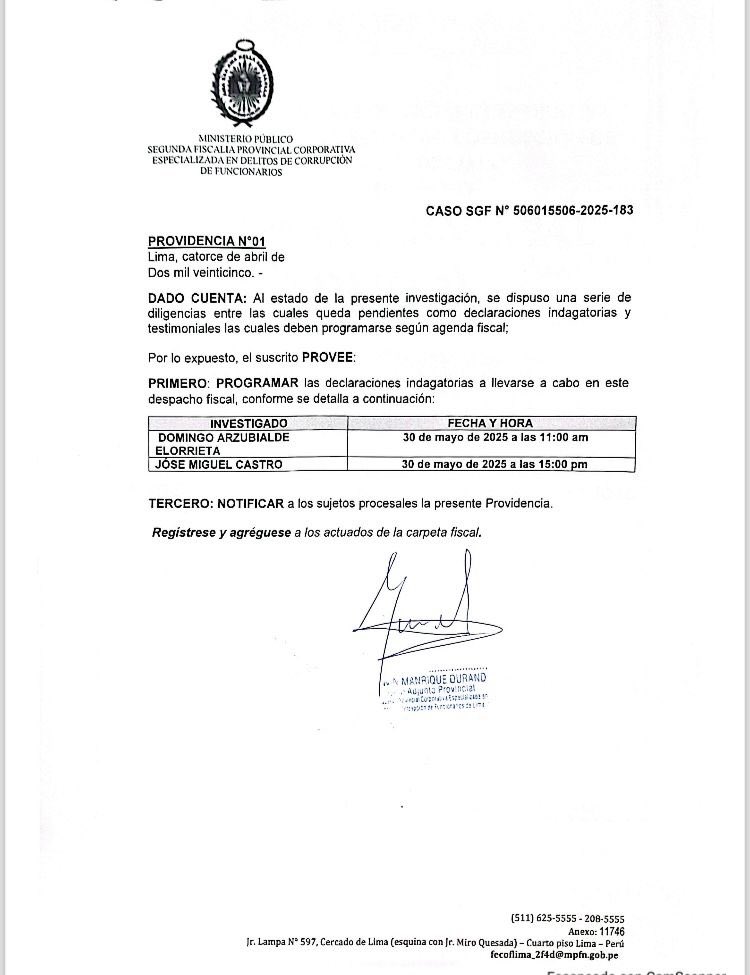 José Miguel Castro  había sido citado para rendir su declaración sobre Corrupcion en el  Anillo Vial periférico; Boluarte firmó un contrato con sobrecostos sin expediente técnico. No sólo era el caso Susanna Villaran #mafiaCaviar