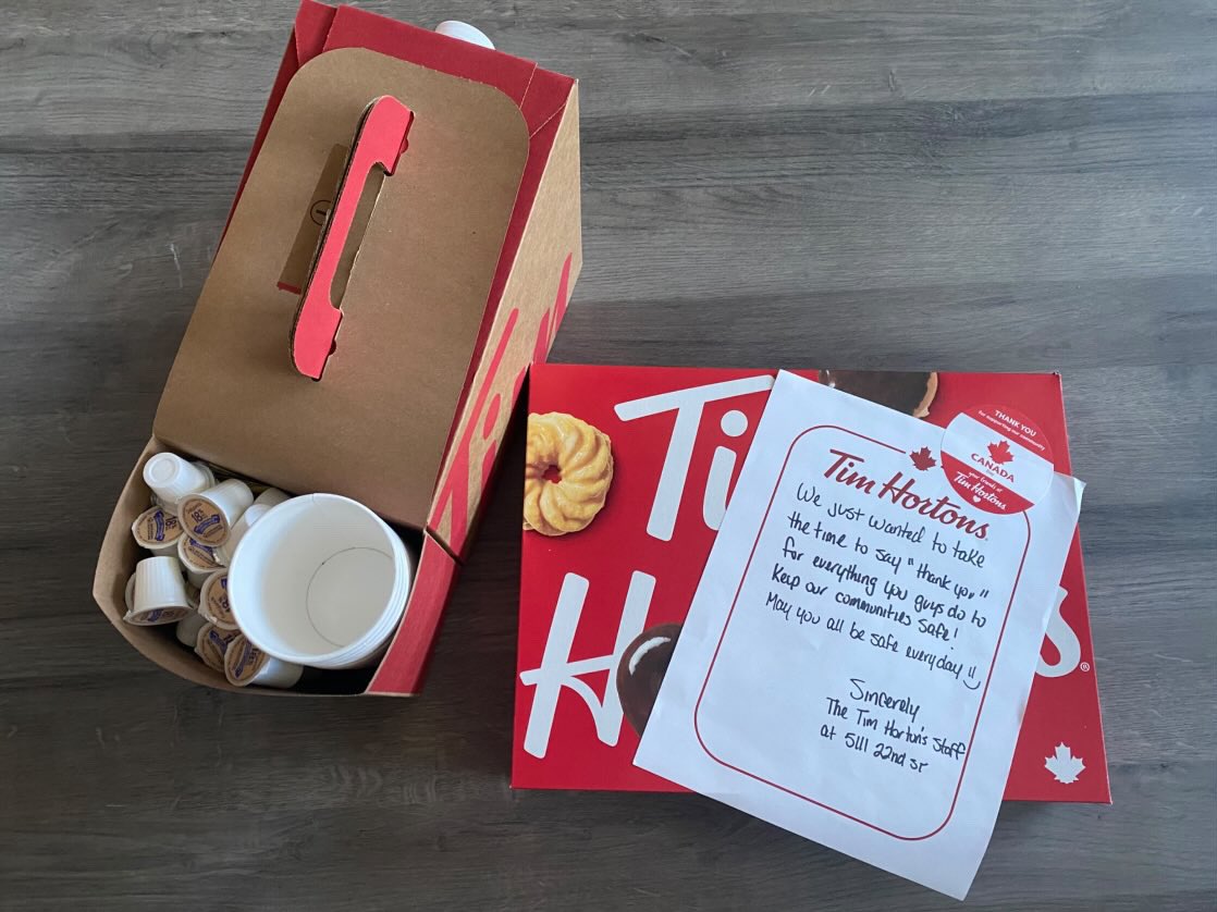Nothing like a coffee and donuts drop-off to brighten the day! ☕🍩

Thank you to the <a href="/TimHortons/">Tim Hortons</a> staff at 5111 22 St for thinking of our dispatchers and for your kind words. We appreciate the support as we keep our community safe!

#ThankYou #CommunitySupport #Dispatchers