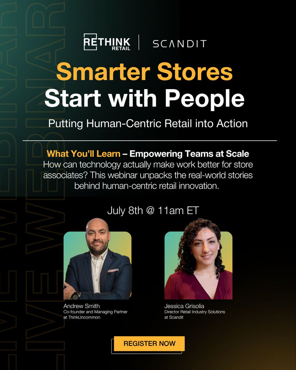 Scandit's tweet image. 🗓️ On July 8, Jessica Grisolia will join a @RETHINK_Retail webinar on human-centric retail — and you don't want to miss it!
Register here 👉 okt.to/CE3jSI
