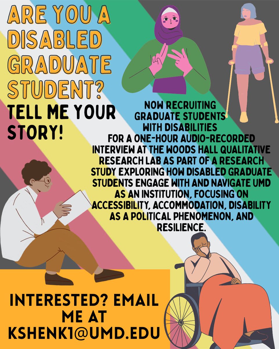bsosumd's tweet image. Grad students with disabilities: ANTH grad student Katherine Shenk is researching the experiences of fellow members of the disabled community. Participants must be 18+ and consent to audio recording a 1hr interview. Interested? Reach out to kshenk1@umd.edu!