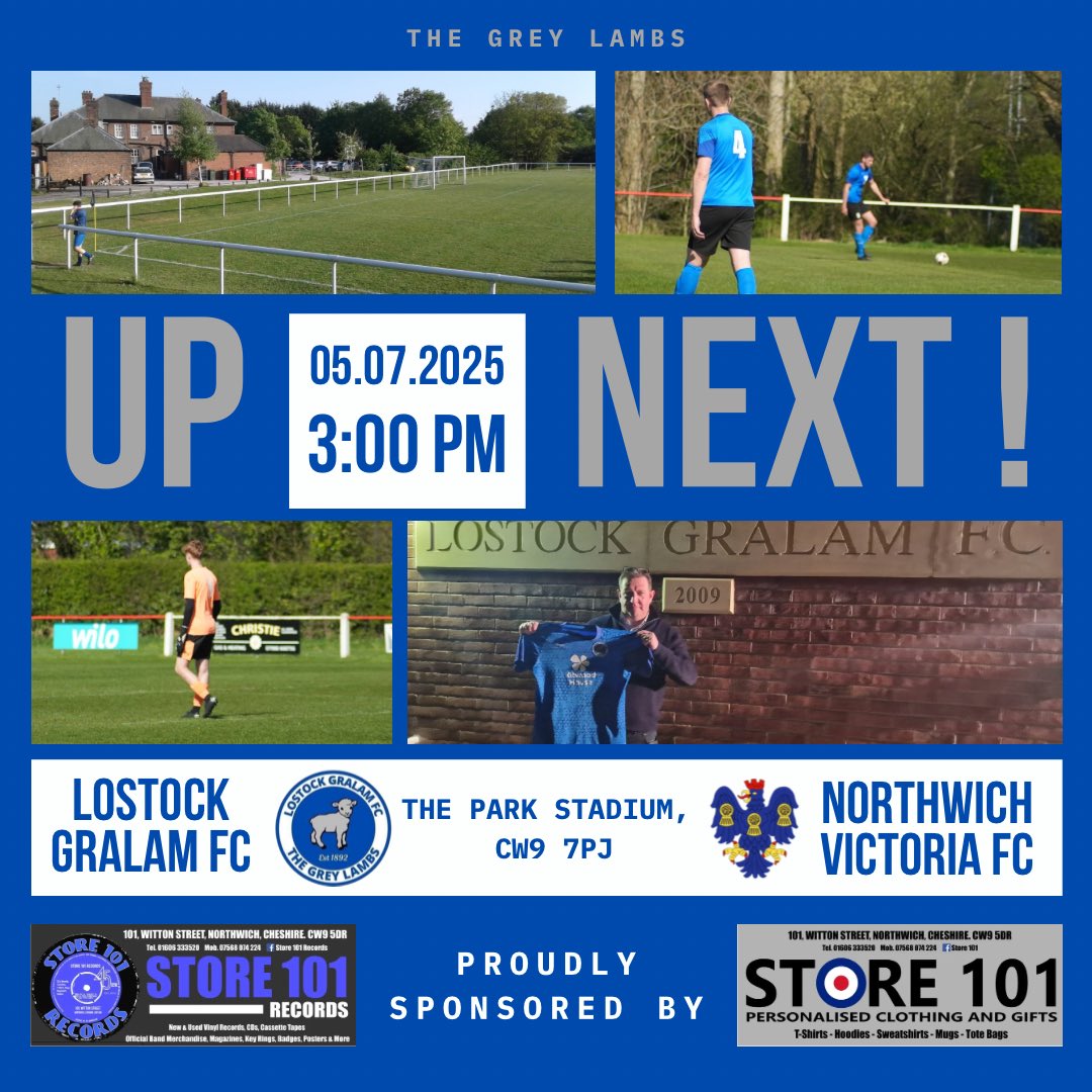 Our Pre Season kicks off this weekend as we host <a href="/NorthwichVicsFC/">Northwich Victoria F.C</a> ! 

Come down and support the lads. £3 entry, £1 concessions and the usual refreshments available!🏟️🥅

Stay tuned as more fixtures will be announced shortly!⚽️🐑

Proudly sponsored by Store 101!🎙️🛒

#TheGreyLambs