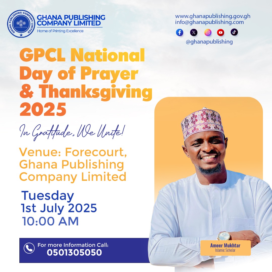 Ghana Publishing Company Ltd (@ghanapublish) on Twitter photo Today at 10 AM, join Ghana Publishing Company Ltd. as we unite in gratitude to observe the National Day of Prayer and Thanksgiving at our premises. All are welcome.
<a href="/RevObofour/">Rev Obofour Ministries</a>
#GPCL #Gratitude #NationalDayofPrayer #AmeerMhukta #Thanksgiving #TogetherWePray Today at 10 AM, join Ghana Publishing Company Ltd. as we unite in gratitude to observe the National Day of Prayer and Thanksgiving at our premises. All are welcome.
<a href="/RevObofour/">Rev Obofour Ministries</a>
#GPCL #Gratitude #NationalDayofPrayer #AmeerMhukta #Thanksgiving #TogetherWePray