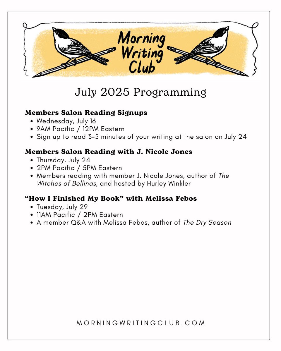 ChelseaHodson's tweet image. Insane amount of programming for July at my Morning Writing Club—join me and 400+ other members for accountability, classes, Q&As, and 3 years worth of archives, all for $9/month: morningwritingclub.com