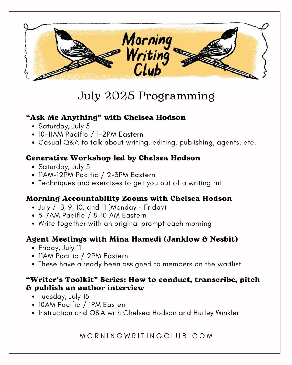 ChelseaHodson's tweet image. Insane amount of programming for July at my Morning Writing Club—join me and 400+ other members for accountability, classes, Q&As, and 3 years worth of archives, all for $9/month: morningwritingclub.com