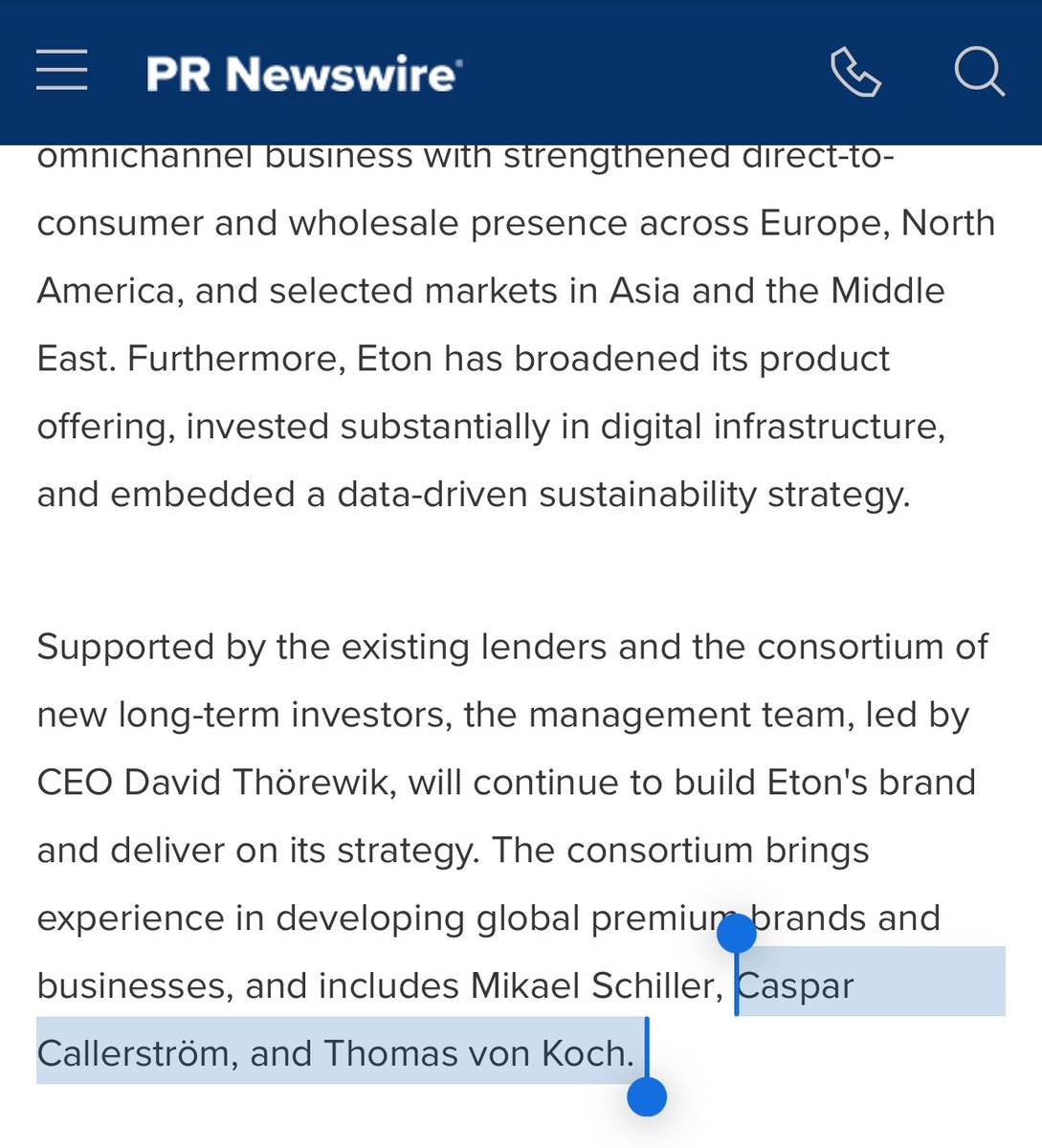 gkamstra's tweet image. Kind of crazy story underneath a deal announcement in the @danprimack newsletter this AM:
Eton (the dress shirt co) had their lenders force a sale. EQT (PE owner) drove the process, and a consortium of individual investors bought it, mostly made up of current EQT employees (!!).