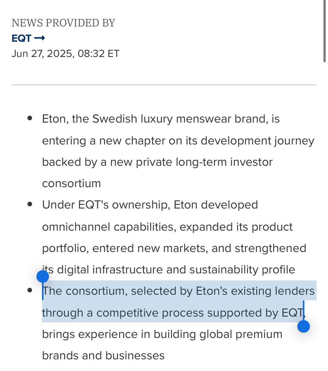 gkamstra's tweet image. Kind of crazy story underneath a deal announcement in the @danprimack newsletter this AM:
Eton (the dress shirt co) had their lenders force a sale. EQT (PE owner) drove the process, and a consortium of individual investors bought it, mostly made up of current EQT employees (!!).