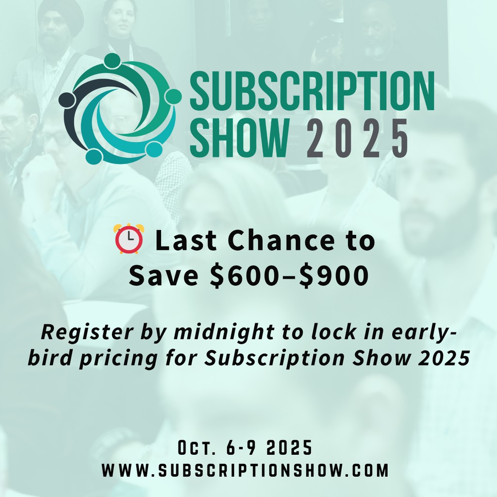 🚨 Last call! Early-bird pricing ends TONIGHT.

Save $600–$900 and join 100s of execs solving real subscription challenges—churn, LTV, payments, growth, compliance, and more.

📍 Oct. 6–9 | Jersey City, NJ
🔗 subscriptioninsider.com/subscription-s…

#SubscriptionShow2025