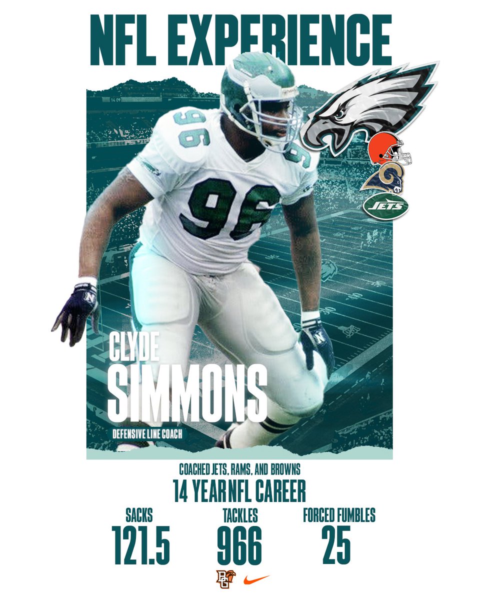 🅽🅵🅻 𝙀𝙭𝙥𝙚𝙧𝙞𝙚𝙣𝙘𝙚 ✅
There’s a ton of NFL experience on the BGSU coaching staff — including defensive line coach Clyde Simmons, who spent 15 years in the league as a player and 8 more as a coach 😤

#GUTS x #AyZiggy 🟠🟤