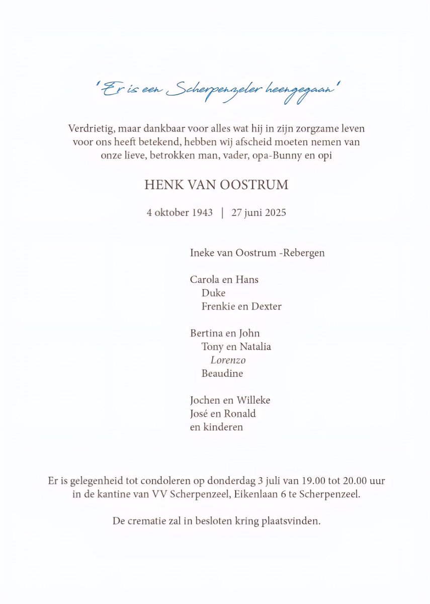 Afgelopen zaterdag ontvingen wij het droevige bericht van het overlijden van ons gewaardeerde lid

HENK VAN OOSTRUM

facebook.com/share/p/1NTuwg…