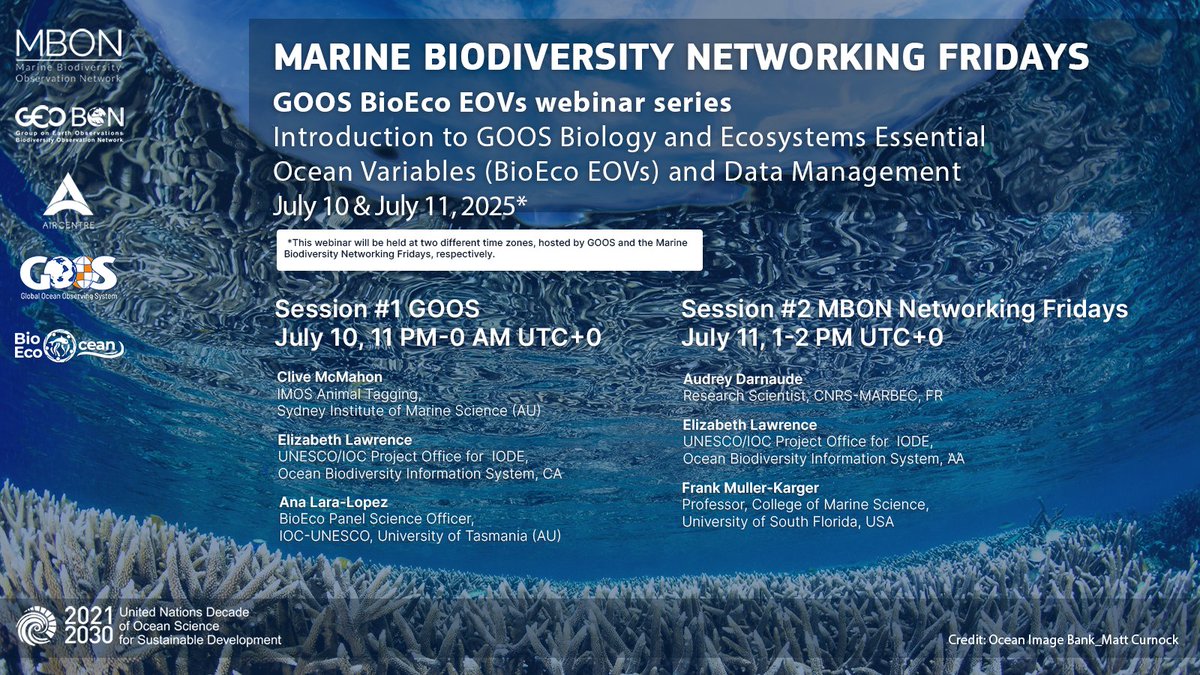🌊GOOS BioEco EOVs webinar series starting!
<a href="/GOOSocean/">The Global Ocean Observing System (GOOS)</a>,<a href="/BioEcoOcean/">BioEcoOcean</a>, <a href="/MarineBON1/">MarineBON</a>  &amp; #AIRCentre present: "Introduction to BioEco EOVs and Data Management"
💻July 10 | 11 PM UTC🔗bit.ly/44s8O8f
💻July 11 | 1-2 PM UTC🔗aircent.re/4kkvPj3
+info: aircent.re/3IkT0wm