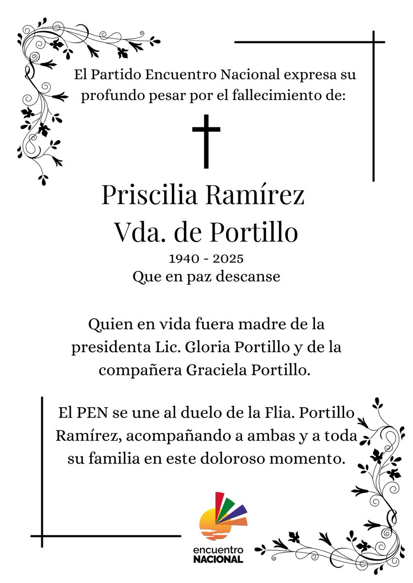 El Partido Encuentro Nacional acompaña en este dificil momento a su presidenta Gloria Portillo y familia.