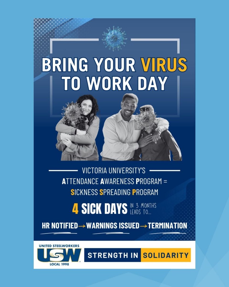 CanLabourMedia's tweet image. Our second People&apos;s Choice Award goes to United Steelworkers Local 1998 for their Bring Your Virus to Work Day Poster!