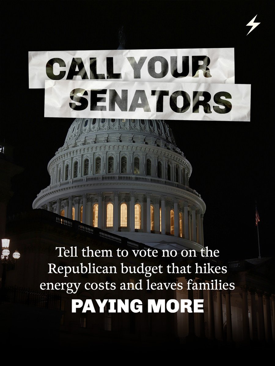 Senate Republicans are pushing a budget that guts clean energy and hands billionaires massive tax breaks—while families face higher costs. 

Call your senator today and demand they stand up for working people, not wealthy corporations 📲clmtpwr.us/20250620CallSe…