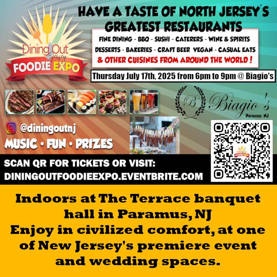 Last day to save $20 per person. Samples galore of top dishes from local restaurants, wines, spirits, desserts. Entertainment, door prizes and more.

All in the civilized comfort of a top indoor venue!
<a href="/theterracenj/">The Terrace at Biagios</a>  <a href="/BiagiosNJ/">Biagios Ristorante</a> #njfoodie #Foodie 
diningoutfoodieexpo.eventbrite.com