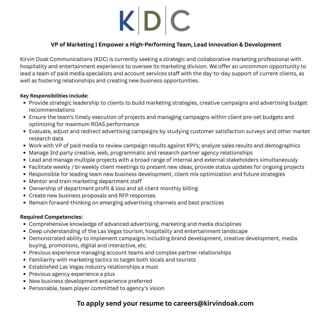 🚨 We’re hiring a VP of Marketing!
Join Kirvin Doak Communications in Las Vegas to lead bold campaigns in hospitality &amp; entertainment.
📩 Send your resume to careers@kirvindoak.com

#MarketingJobs #LasVegasCareers #NowHiring #KDC #VPofMarketing