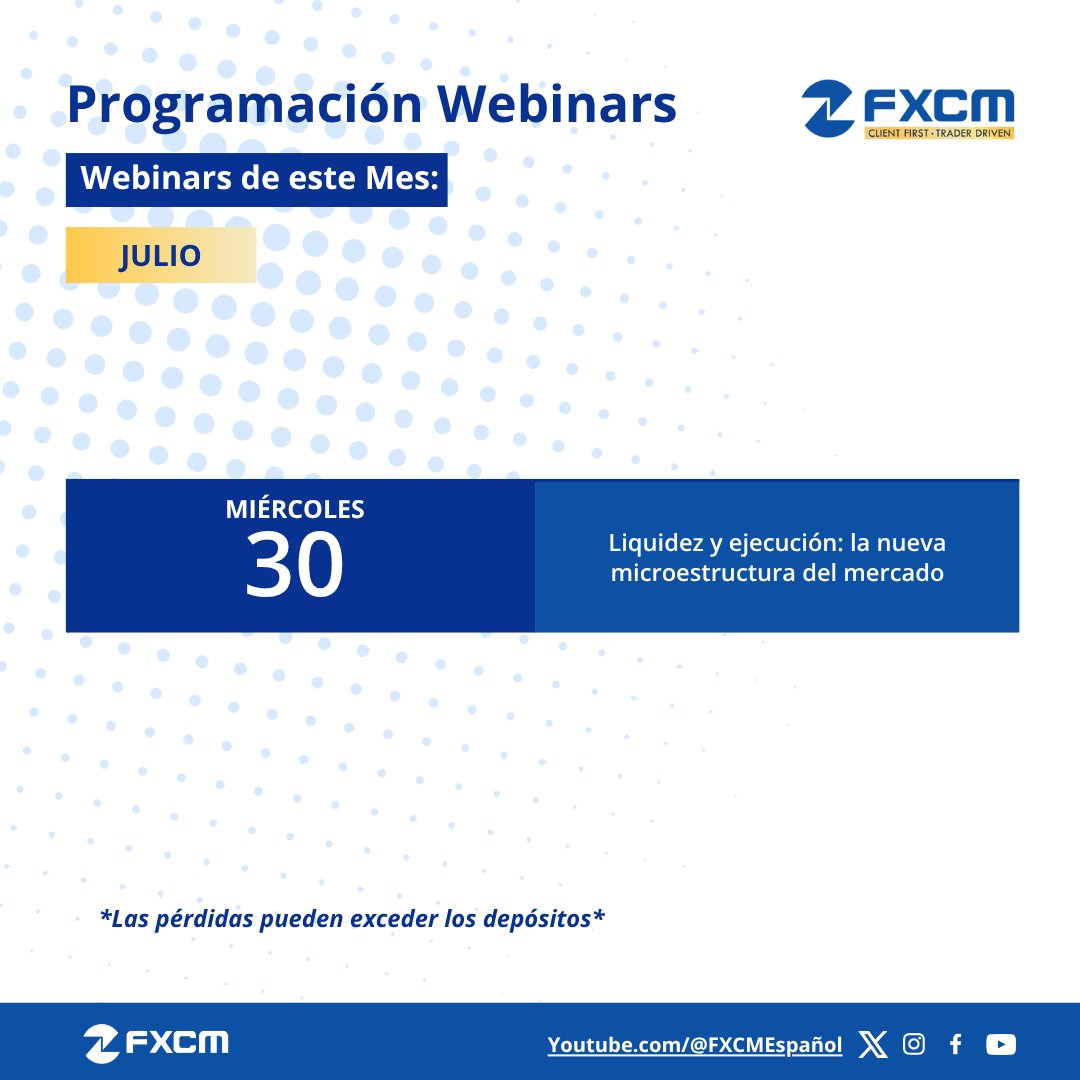 Acompáñanos en una agenda completa de webinars diseñados para mejorar tu análisis, pulir tus estrategias y fortalecer tu trading.

🎥 Encuentra todo el contenido en nuestro canal de YouTube: FXCM Español (@FXCMEspañol)

#FXCM #webinars
Las pérdidas pueden super los depósitos.