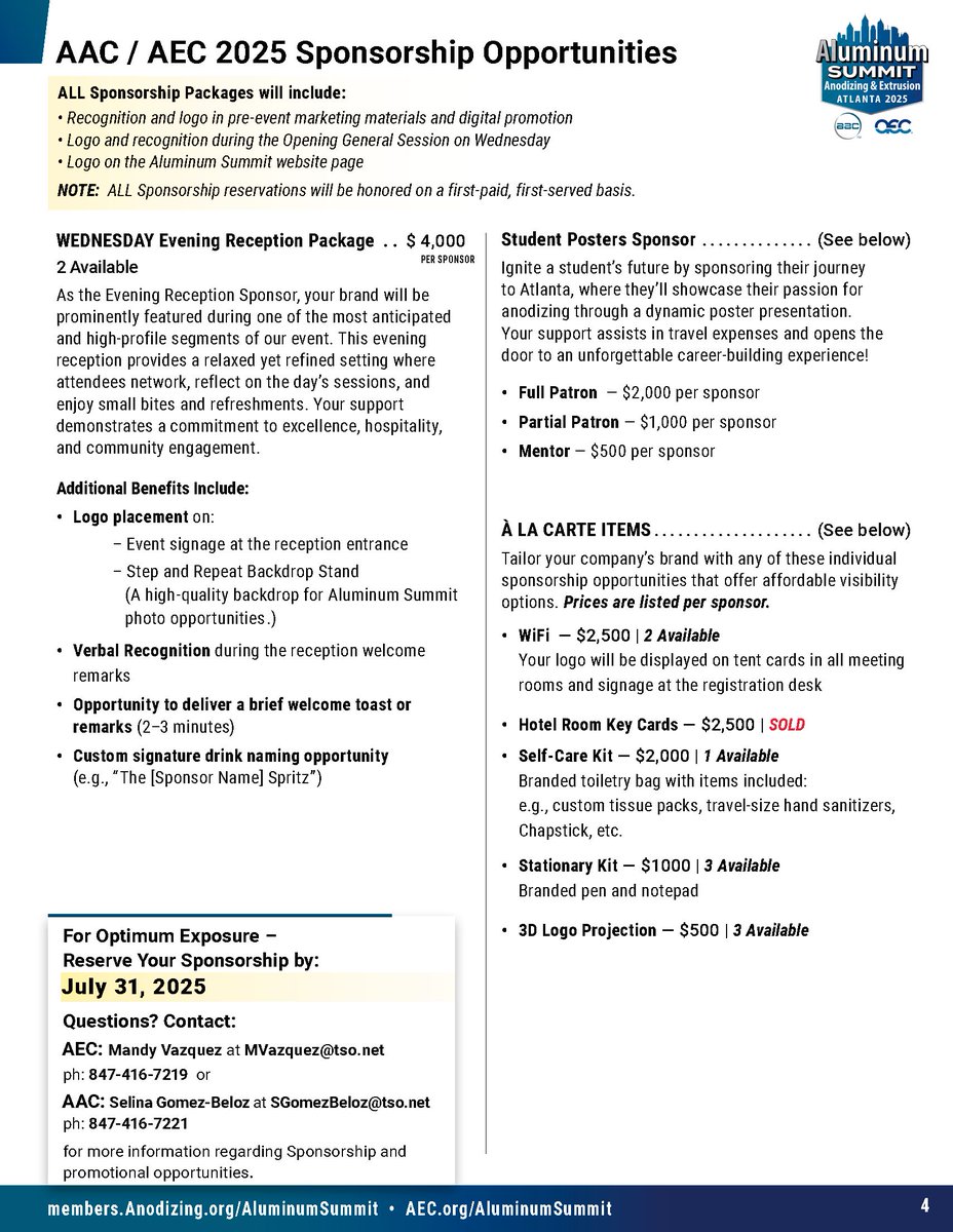 Sponsorship Opportunities - Be part of the premier event for aluminum anodizing and extrusion professionals, happening Sept 16–18 in Atlanta. Sponsorships put your brand in front of key decision-makers from across the industry. Secure your spot - buff.ly/9Abo5GA