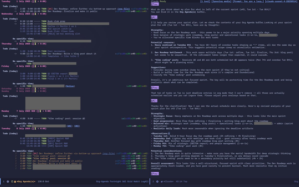 I just planned my sprint for <a href="/WaspLang/">Wasp</a>  in Emacs with org-mode and gptel (Claude Sonnet 4, tool usage)!

I love doing it like this, feels like I am programming almost, due to all the fun keybindings.