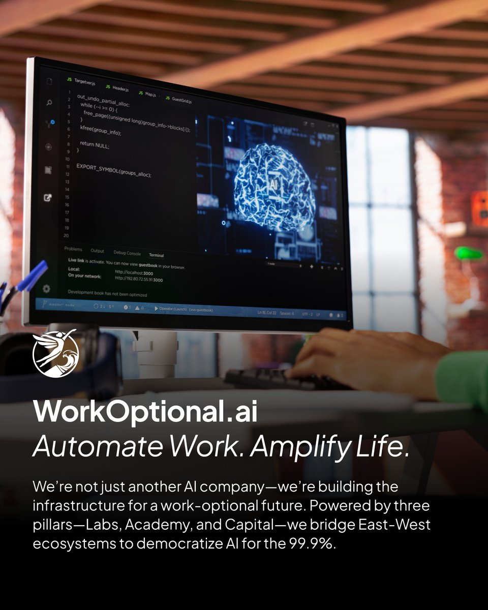 WorkOptional.ai: Automate Work. Amplify Life.
We’re not just another AI company—we’re building the infrastructure for a work-optional future. Powered by three pillars—Labs, Academy, and Capital—we bridge East-West ecosystems to democratize AI for the 99.9%. 
#WorkOptional