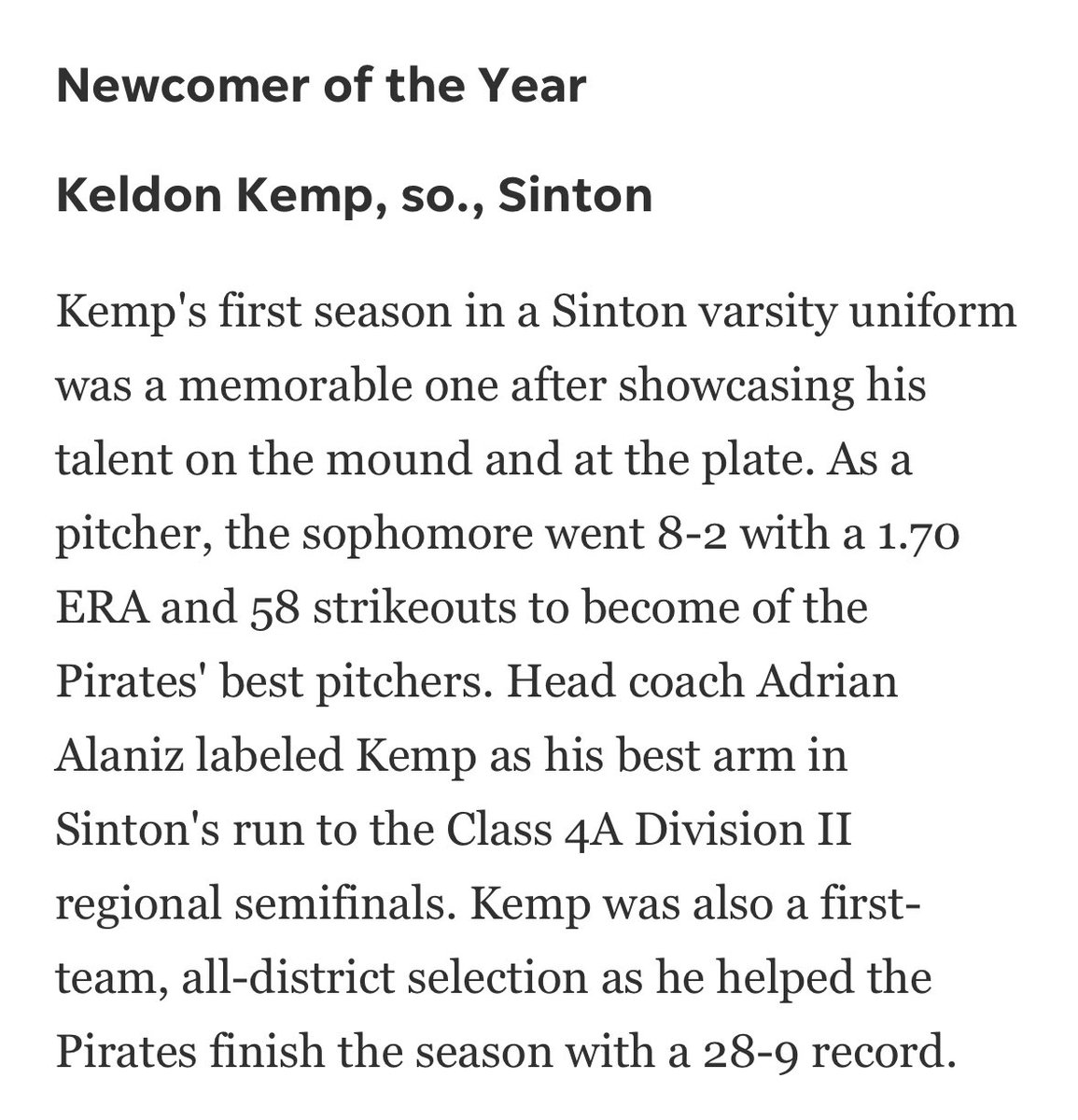 KeldonKemp14's tweet image. Honored to be named Corpus Christi Caller Times Newcomer of the year as well as District 30-4A 1st team pitcher.
@SHS_PirateBball
@MikeMcClendon9
@alaniz3
@Coachmsmith9
