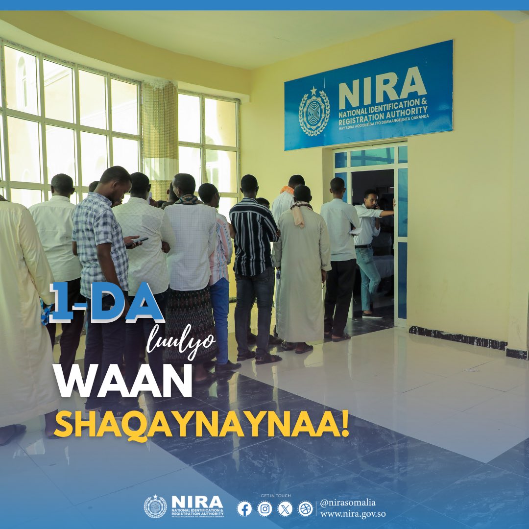 Hay’adda NIRA waxa ay dhammaan shacaka Soomaaliyeed ogeysiinaysaa in xarumaha diiwaangelintu ay shaqaynayaan berri oo ah maalin fasax ah (1-da Luuliyo), si loogu adeego dadka Soomaaliyeed ee u soo baxaya Xuska Maalinta Xorriyadda iyo Midnimada Qaranka Soomaaliyeed.