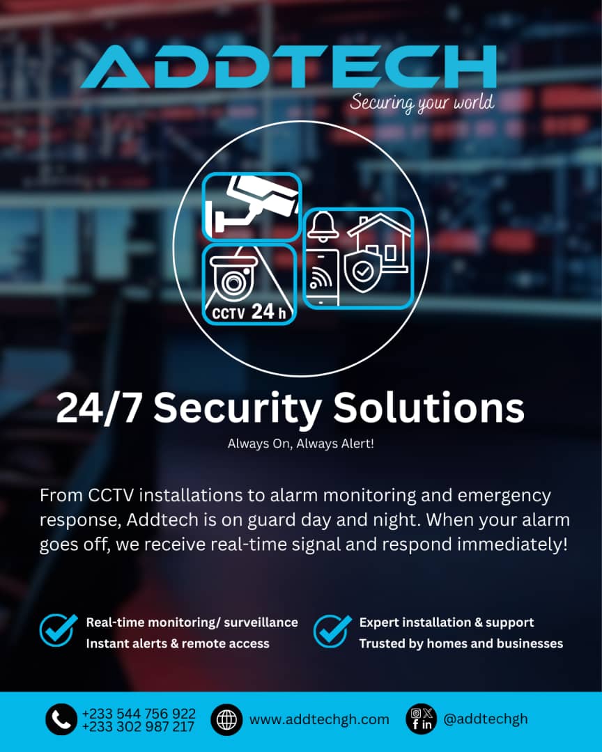 AddtechLiberia's tweet image. 🔐 24/7 Protection You Can Trust!
From CCTV to real-time alarm monitoring, ADDTECH has your home and business covered — day and night.
✅ Instant Alerts
✅ Remote Access
✅ Emergency Response
✅ Trusted by many across Ghana
📞 Call us now: +233 544 756 922 / +233 302 987 217