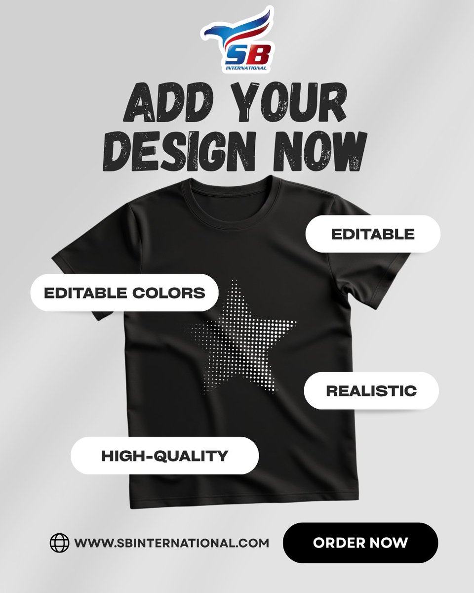 🎨 Design it your way, wear it your style!
With SB International, your imagination becomes fashion.
📌 Editable colors
🎯 Realistic mockups
🖨️ High-quality results
🧥 Custom printing for your brand or personal wear — start now!