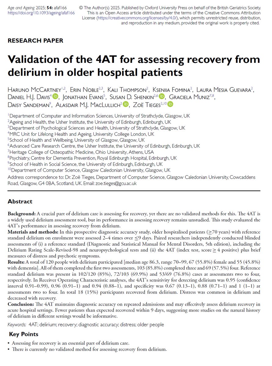 NEW delirium tool validation study:

🧠 The #4AT is now validated for monitoring delirium recovery

✓ 94-96% sensitivity across repeated assessments 

➡️ World's first formal study validating performance of a delirium assessment tool for tracking recovery

Link👇