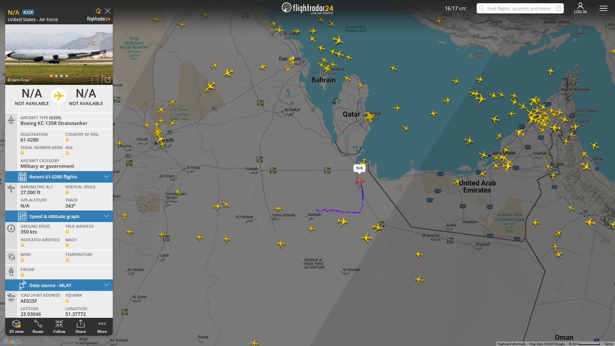 AIYeyENGDdJkjTr's tweet photo. July 1, 2025
#Souda Bay NAS ==> #Al-Udeid Air Base 

#NoCALLSIGN #AE025F USAF KC-135R Stratotanker https://t.co/hsjhC3Th0I