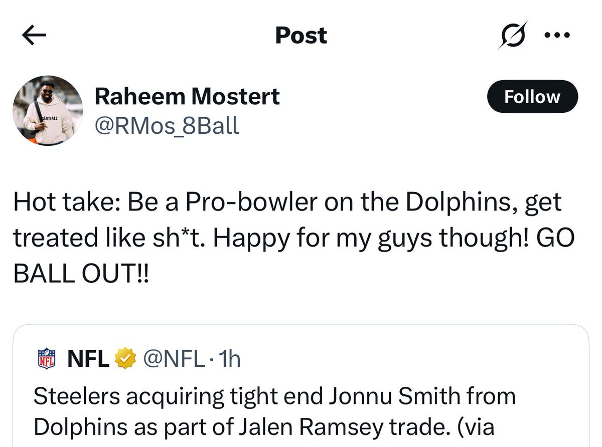 MySportsUpdate's tweet image. Former #Dolphins Pro Bowl RB Raheem Mostert reacts to Jalen Ramsey and Jonnu Smith getting traded…