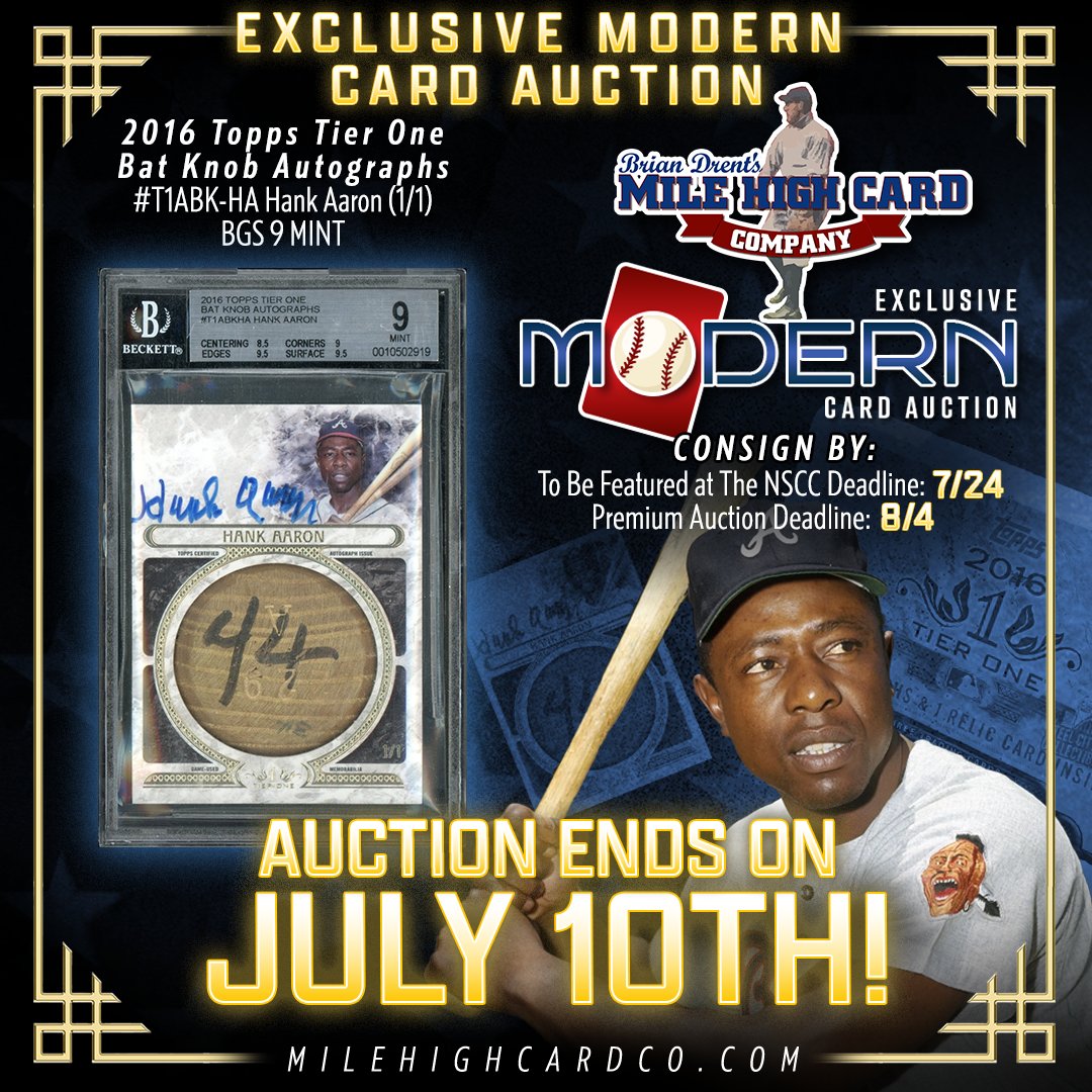milehighcard's tweet image. The Exclusive Modern Card Auction is NOW LIVE!
ππβΎπ
Kicking it off is Lot #2: This stunning, high-grade 2016 Topps Tier One Bat Knob Autograph #T1ABKHA Hank Aaron (1/1) BGS 9 MINT! βΎπ₯
π¨ BID NOW! π¨
tinyurl.com/2016batknobaarβ¦
βΌοΈ AUCTION ENDS JUNE 10TH! βΌοΈ
#MHCC #thehobby