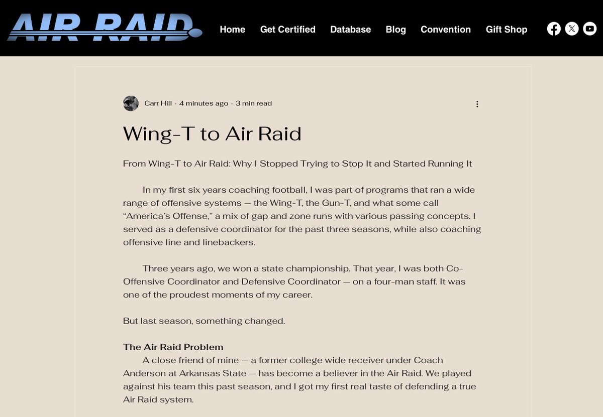 Congrats to <a href="/CoachHill74/">Carr Hill</a> on earning his community writer badge and publishing his article to the "Air Raid Blog" <a href="/AirRaidCert/">Air Raid Certification 🏴‍☠️</a>

"Wing-T to Air Raid?" By: Carr Hill

Available to Read Now 👇
airraidcertified.com/post/wing-t-to…