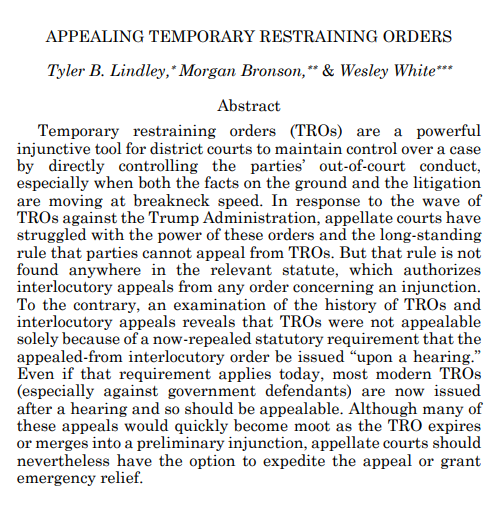 tylerblindley's tweet photo. "Appealing Temporary Restraining Orders" is now live in the @FloridaLawRev! Thanks to the editors for such a quick turnaround.

https://t.co/MR19cNN7xS

https://t.co/IObhZIUJv2 https://t.co/ugOQK6fvH0