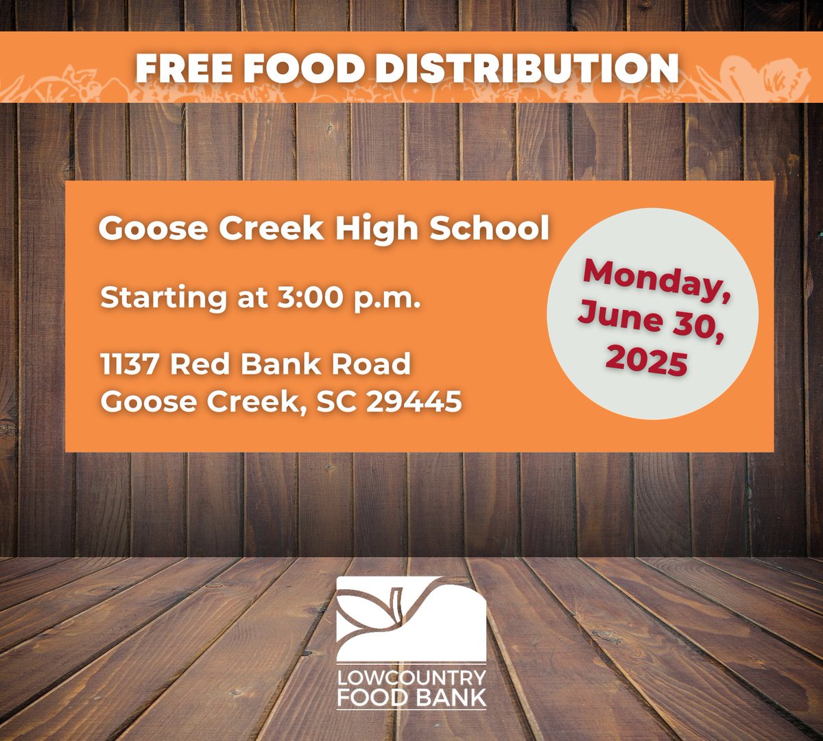 Join us TODAY, June 30, for a free food distribution at Goose Creek High School. Starting at 3 p.m., FREE food items, including a variety of nutritious, fresh produce, will be available on a first-come, first-serve basis. ! This is a NO COST event.