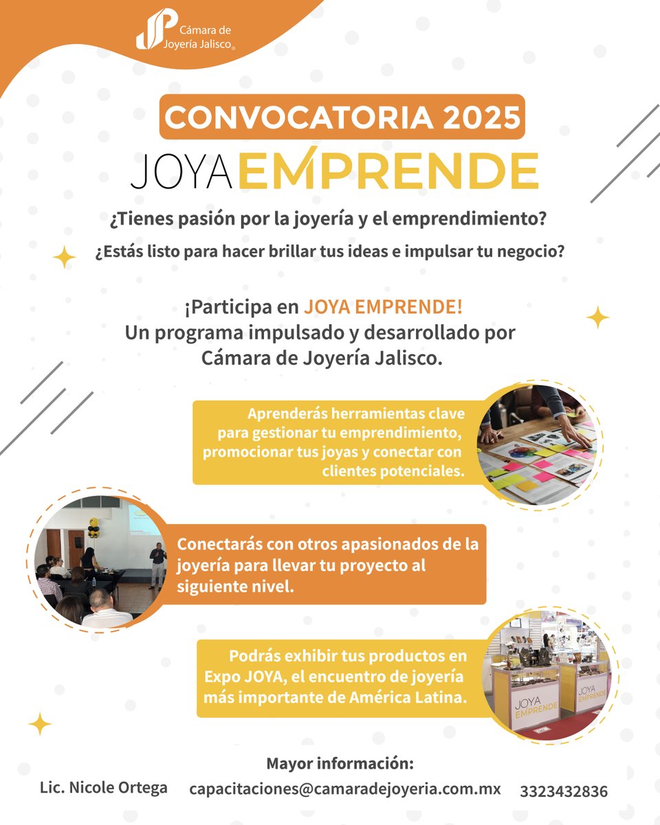 Cámara de Joyería (@camaradejoyeria) on Twitter photo ¿Tienes pasión por la joyería y el emprendimiento?
¿Estás listo para hacer brillar tus ideas e impulsar tu negocio?
Joya Emprende es para ti.
Informes e inscripciones:
cedij.com.mx/joya-emprende/
📩 capacitaciones@camaradejoyeria.com.mx
📞 33 2343 2836 ¿Tienes pasión por la joyería y el emprendimiento?
¿Estás listo para hacer brillar tus ideas e impulsar tu negocio?
Joya Emprende es para ti.
Informes e inscripciones:
cedij.com.mx/joya-emprende/
📩 capacitaciones@camaradejoyeria.com.mx
📞 33 2343 2836