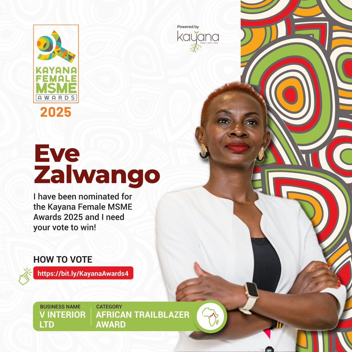 AmCham Uganda (@amchamuganda) on Twitter photo Excited to announce that our General Manager, <a href="/EveZalwango/">Eve Zalwango #TheCarpenter #FundiWomen</a>, has been nominated for the Kayana Female MSME Awards 2025 by <a href="/kayana_kenya/">Kayana</a>.
Your vote can make all the difference, let us make her win the African Trailblazer Award. 》》 bit.ly/KayanaAwards4
#KayanaMSME
#AmChamUg Excited to announce that our General Manager, <a href="/EveZalwango/">Eve Zalwango #TheCarpenter #FundiWomen</a>, has been nominated for the Kayana Female MSME Awards 2025 by <a href="/kayana_kenya/">Kayana</a>.
Your vote can make all the difference, let us make her win the African Trailblazer Award. 》》 bit.ly/KayanaAwards4
#KayanaMSME
#AmChamUg